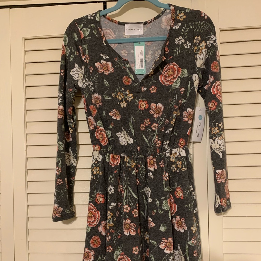 French Grey Long Sleeve Flower Grey Terry Dress